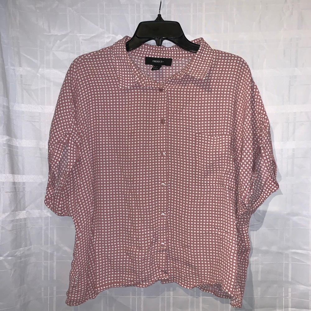 Pink and white polka dot buttoned down